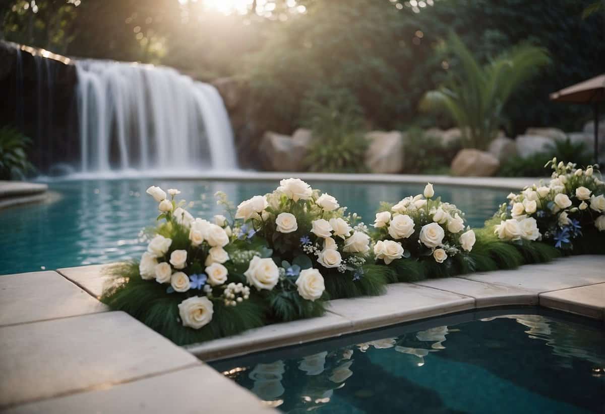 A serene poolside wedding with floating floral arrangements, twinkling lights, and a cascading waterfall backdrop