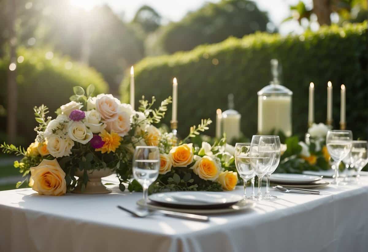 A sunny poolside scene with tables adorned in elegant white linens, surrounded by lush greenery and colorful flowers. A wedding planner's notebook and pen sit on the table, ready for planning