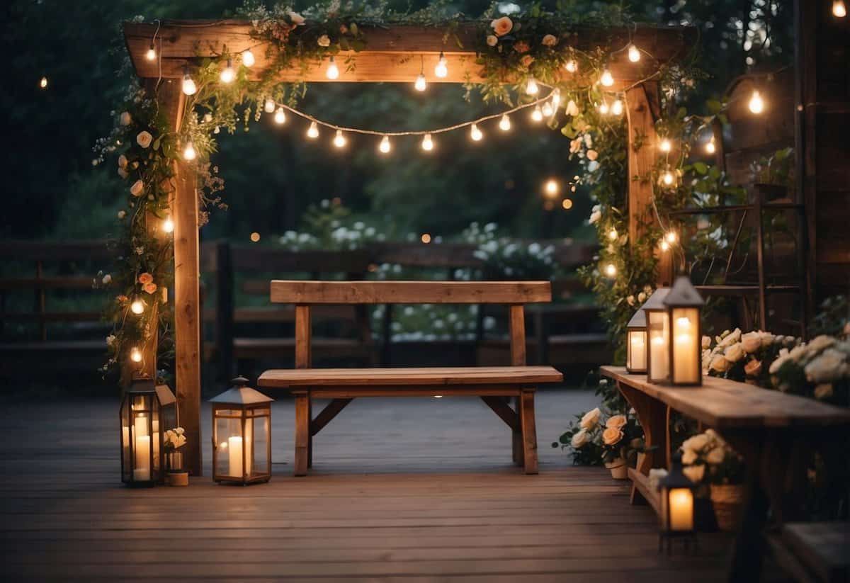 A charming outdoor wedding setting with string lights, rustic wooden benches, and a floral archway. A cozy ambiance with lanterns and a DIY photo booth