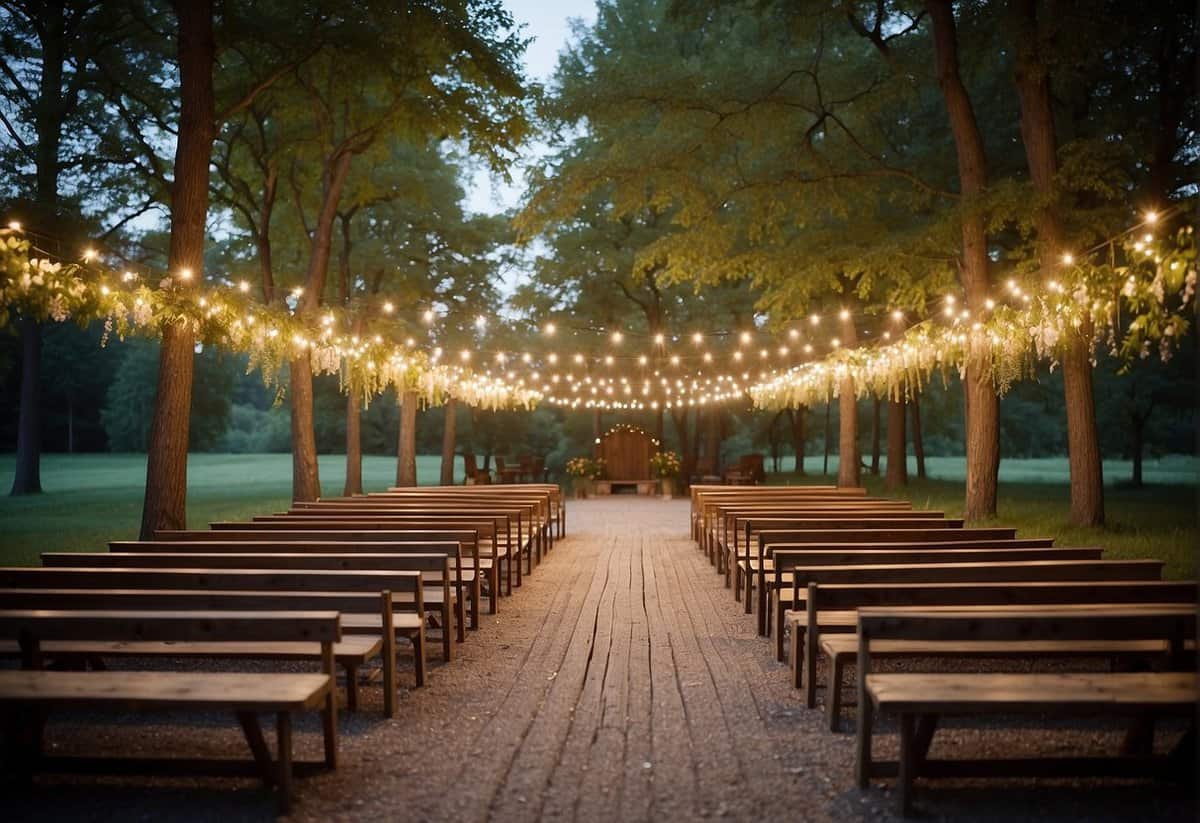 A rustic outdoor wedding with bistro lights, wooden benches, and wildflower centerpieces under a canopy of trees