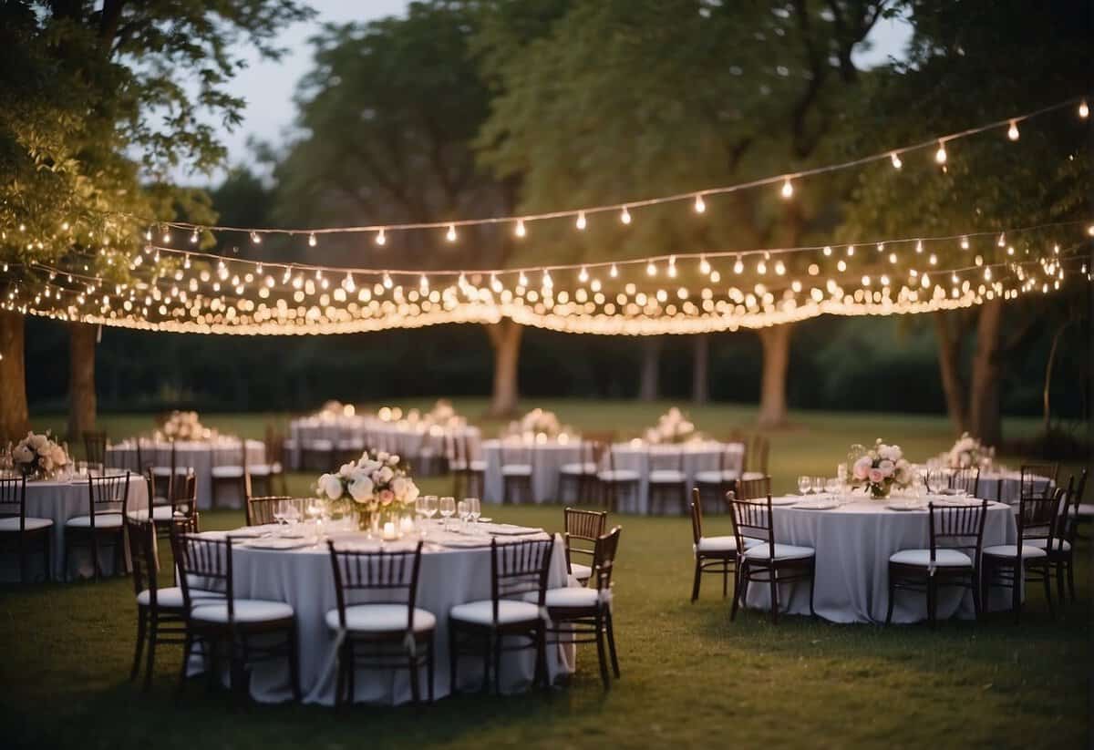 A beautiful outdoor wedding setup with string lights, elegant table settings, and a stage for entertainment