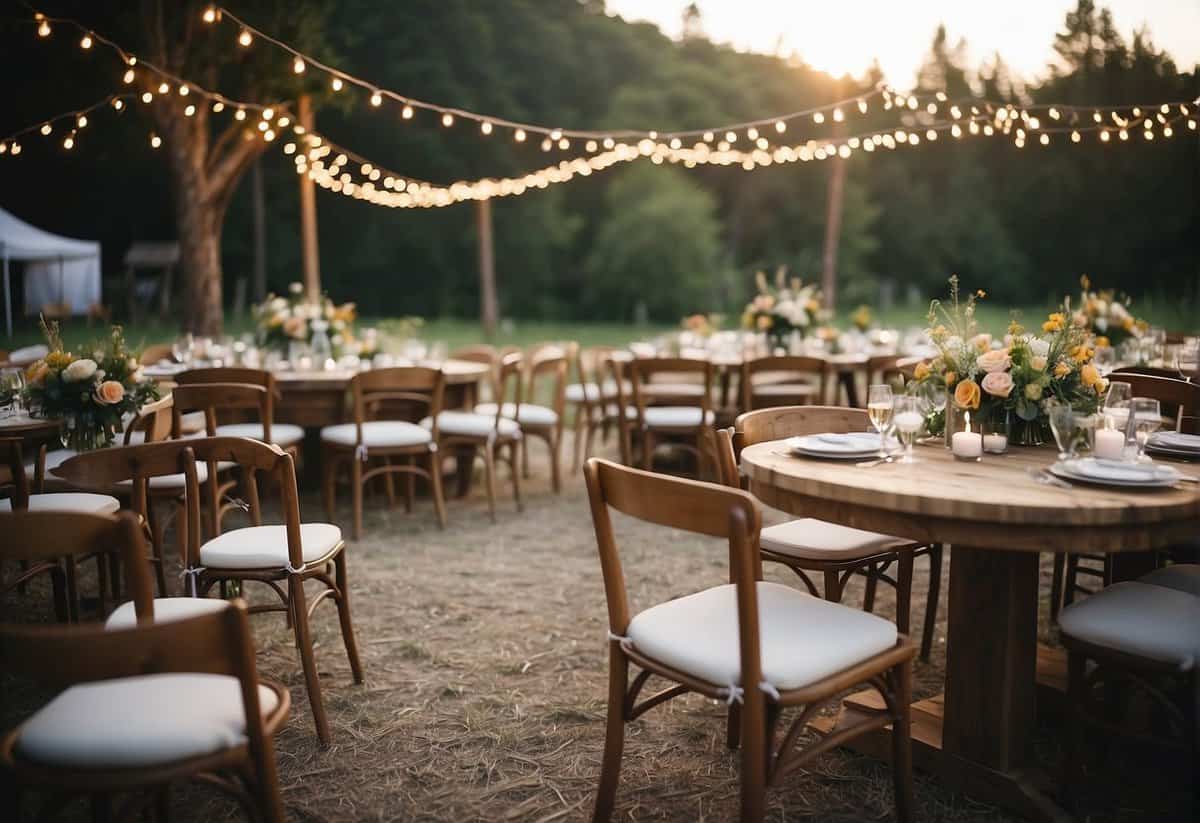 A cozy outdoor wedding setup with string lights, rustic wooden chairs, and personalized touches like handwritten signs and floral arrangements