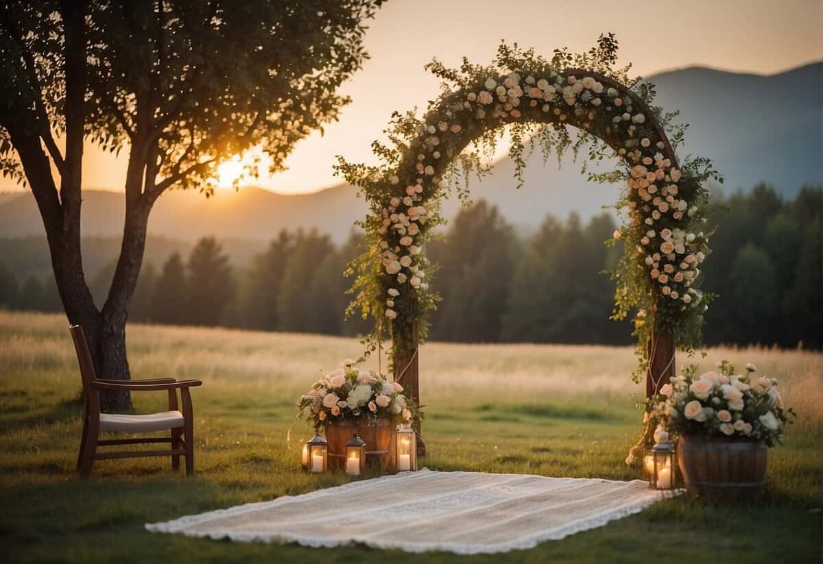 A rustic wooden arch adorned with flowers stands in a grassy meadow. String lights hang from nearby trees, casting a warm glow. A small table is set with a lace tablecloth and a simple bouquet