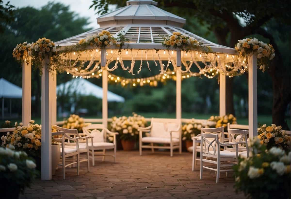 A white gazebo adorned with fresh flowers stands in a lush garden. String lights and lanterns hang from the trees, creating a warm and romantic ambiance. White chairs are neatly arranged for the ceremony
