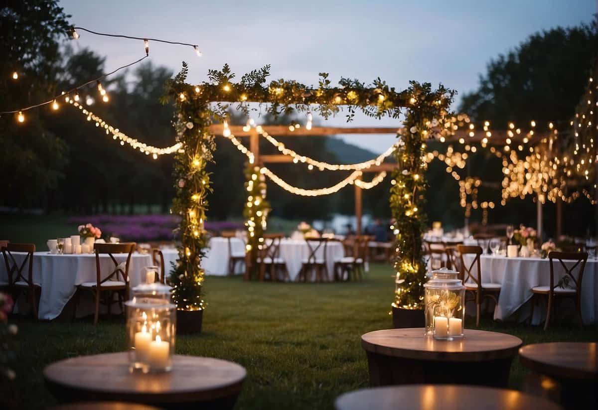 Colorful decorations, twinkling lights, and live music create a festive atmosphere for an outdoor wedding celebration
