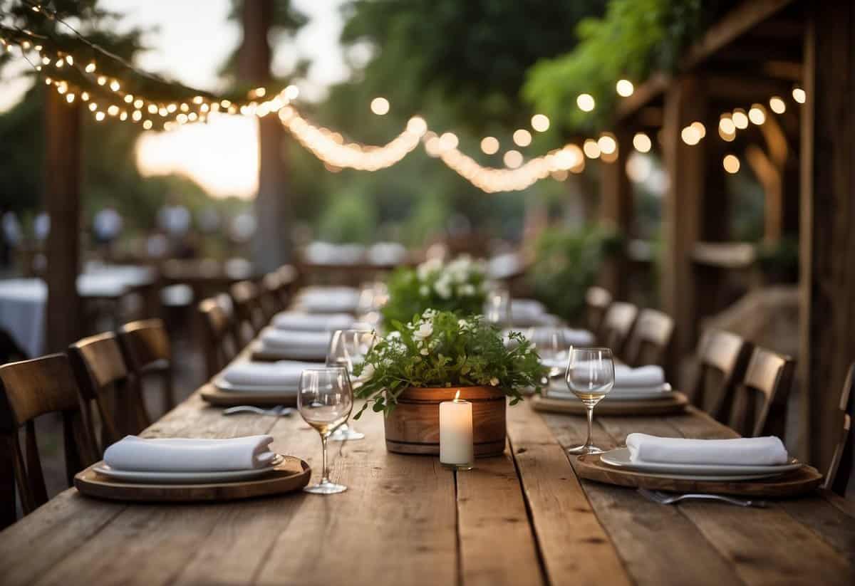 A long wooden dining table adorned with white linens and elegant place settings, surrounded by string lights and lush greenery. A rustic wooden bar is set up nearby, with a variety of refreshing drinks displayed