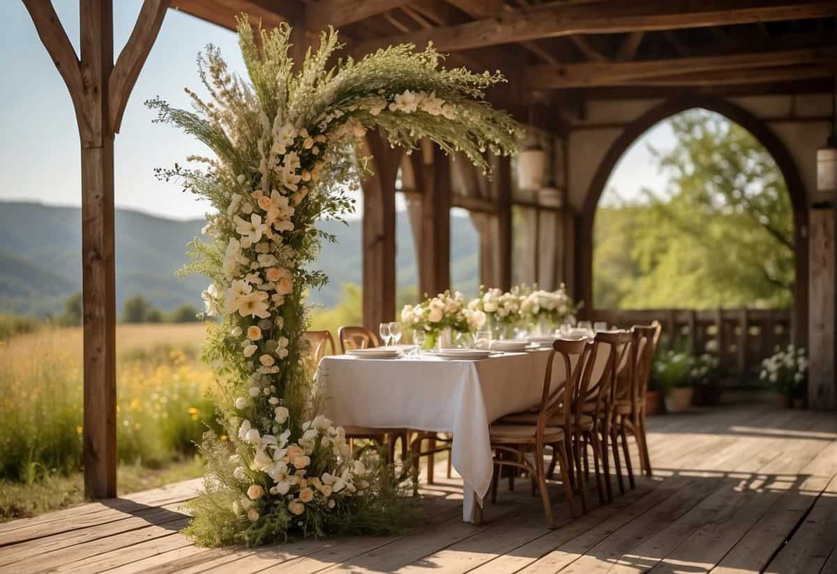 A rustic wooden arch adorned with wildflowers stands in a sun-drenched clearing. A simple white table is set with delicate place settings and a small bouquet of fresh blooms