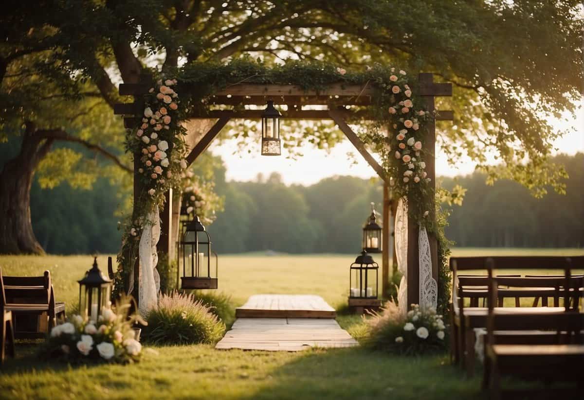 A wooden arch adorned with flowers stands in a grassy clearing. Lanterns hang from tree branches, casting a warm glow. Hay bales serve as seating for guests, and a vintage truck is decorated with lace and greenery