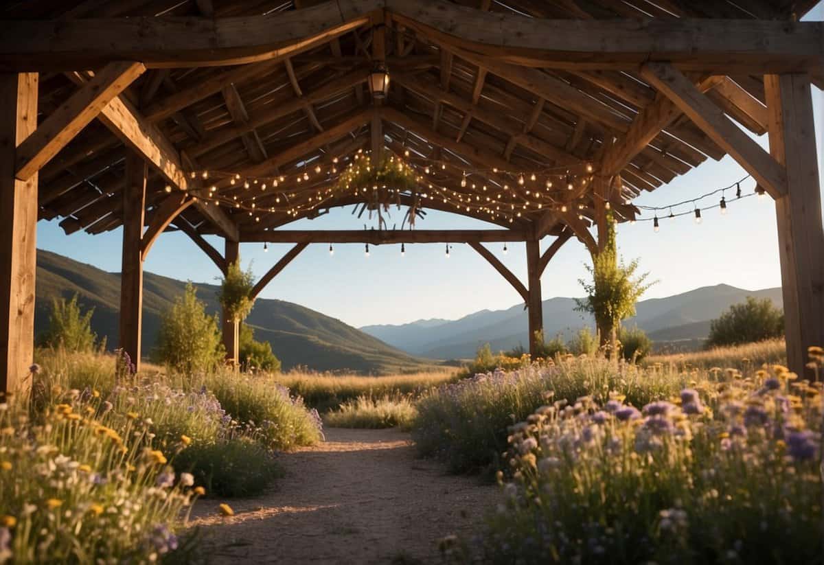 A serene outdoor setting with wooden arches, string lights, and wildflowers. A rustic barn in the background adds to the charm