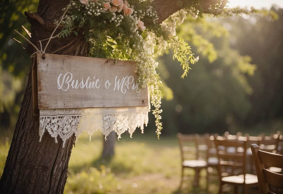 A wooden sign with "rustic wedding" hangs from a tree. A vintage lace veil drapes over a weathered wooden chair. Wildflowers adorn a burlap table runner