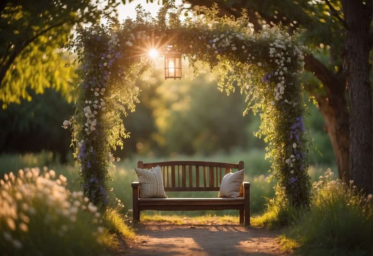 A wooden arch adorned with wildflowers stands in a sun-dappled clearing. Lanterns hang from tree branches, casting a warm glow over the rustic seating area