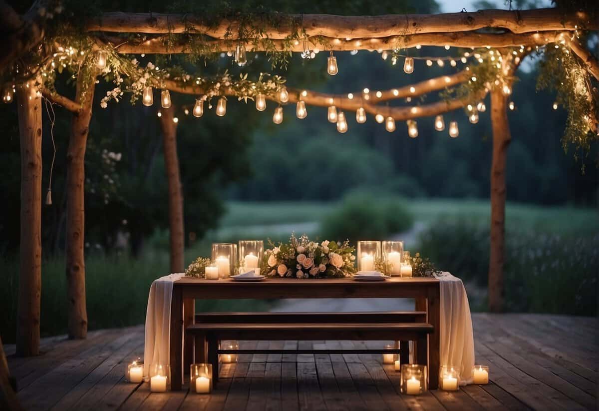 A serene outdoor setting with wooden arches, draped with flowing fabric. String lights hang from the trees, illuminating a rustic wooden table adorned with wildflowers and candles