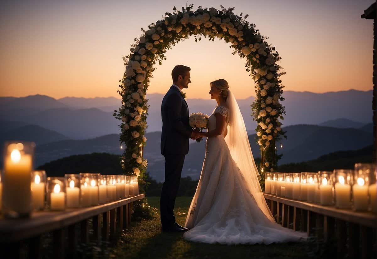 A bride and groom exchange vows under a floral arch, surrounded by candles and twinkling lights. A cross stands in the background, symbolizing their faith