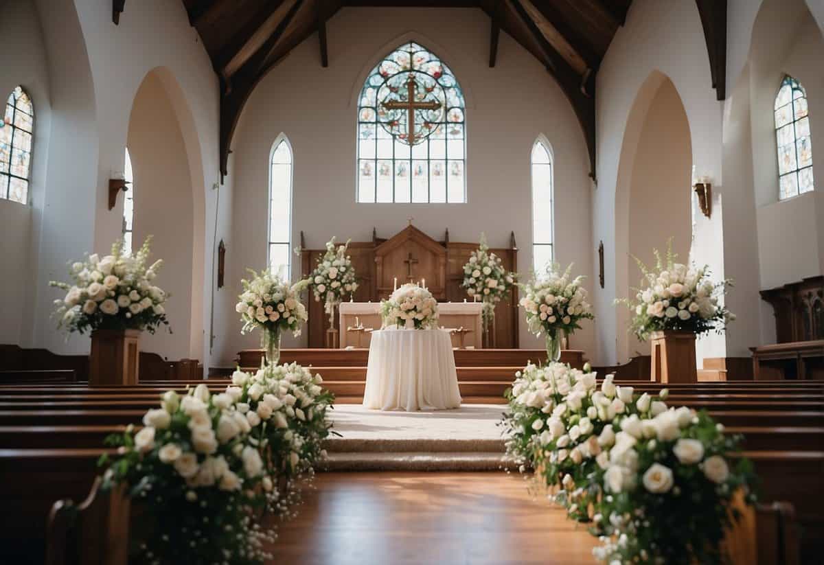A traditional church wedding ceremony with a white altar, cross, and floral arrangements, surrounded by pews filled with guests