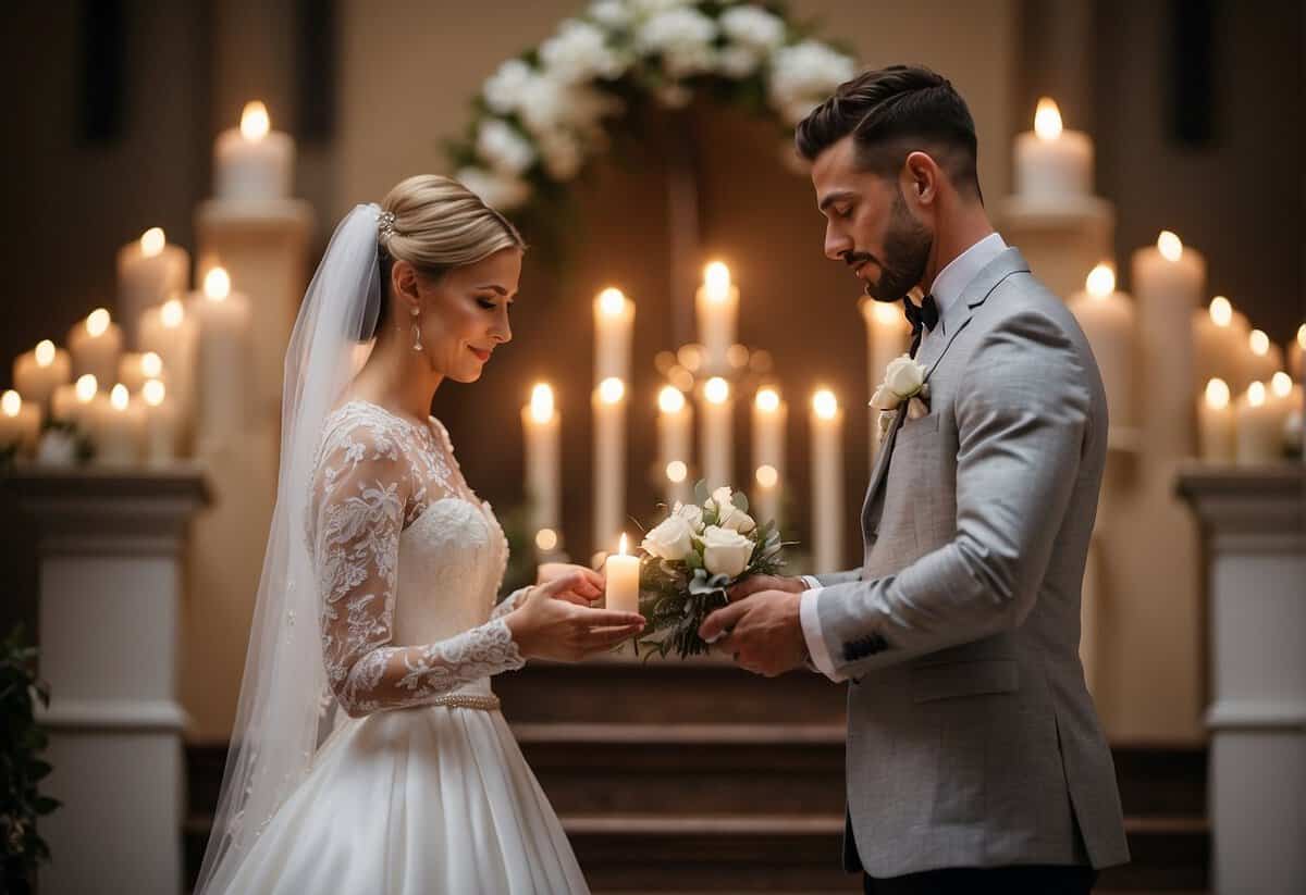 A bride and groom exchange rings at the altar, surrounded by candles and a cross. A unity candle and Bible are also present