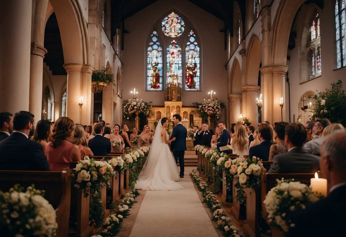 A joyful crowd gathers in a beautifully decorated church, with flowers, candles, and elegant decor. Laughter and music fill the air as the couple exchanges vows, surrounded by loved ones