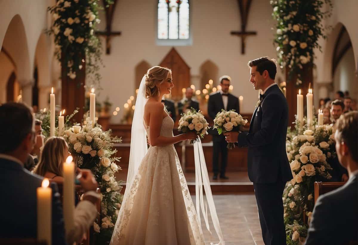 A couple exchanging vows at the altar, surrounded by family and friends. A serene church adorned with flowers and candles, creating a warm and intimate atmosphere