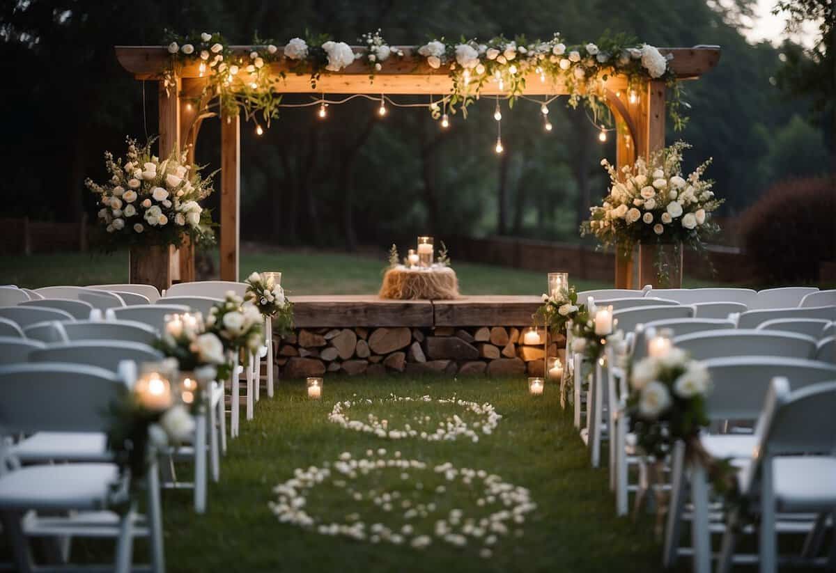 A backyard ceremony with a rustic wooden arch adorned with flowers, surrounded by rows of white chairs, and a soft, romantic ambiance illuminated by string lights