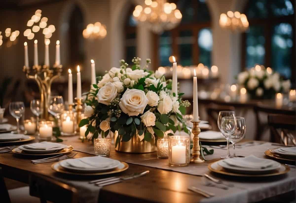 A beautifully decorated home wedding reception with floral centerpieces, elegant table settings, and soft candlelight creating a romantic and intimate atmosphere