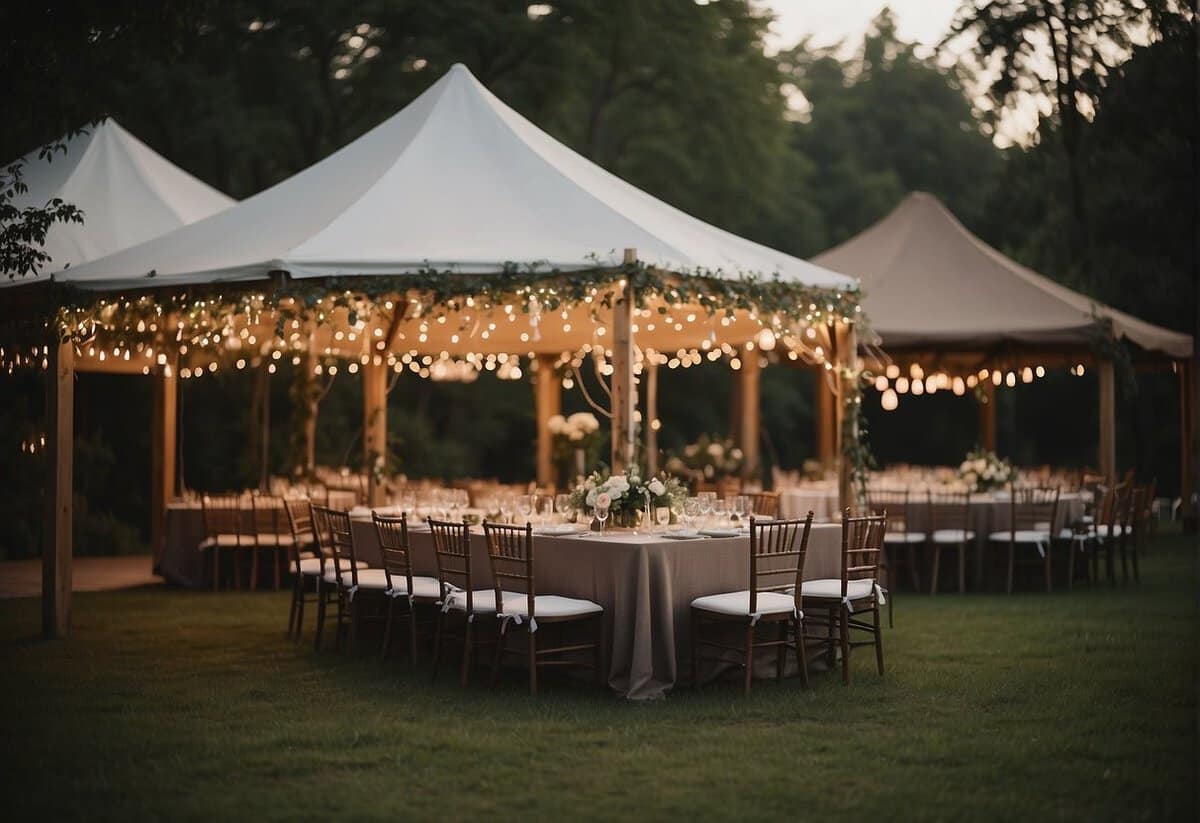 A backyard wedding setup with seating, a canopy, and string lights