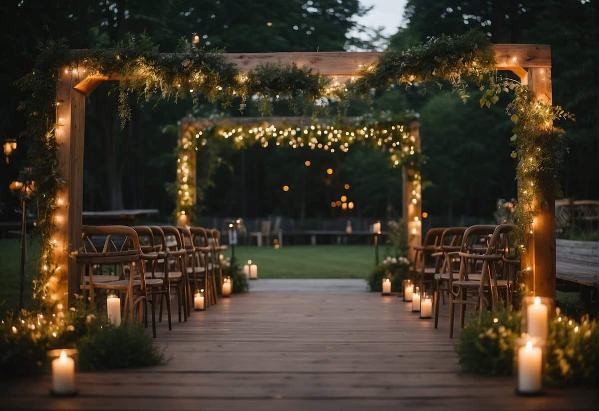A backyard wedding with twinkling lights, a rustic wooden arch, and a cozy seating area surrounded by lush greenery