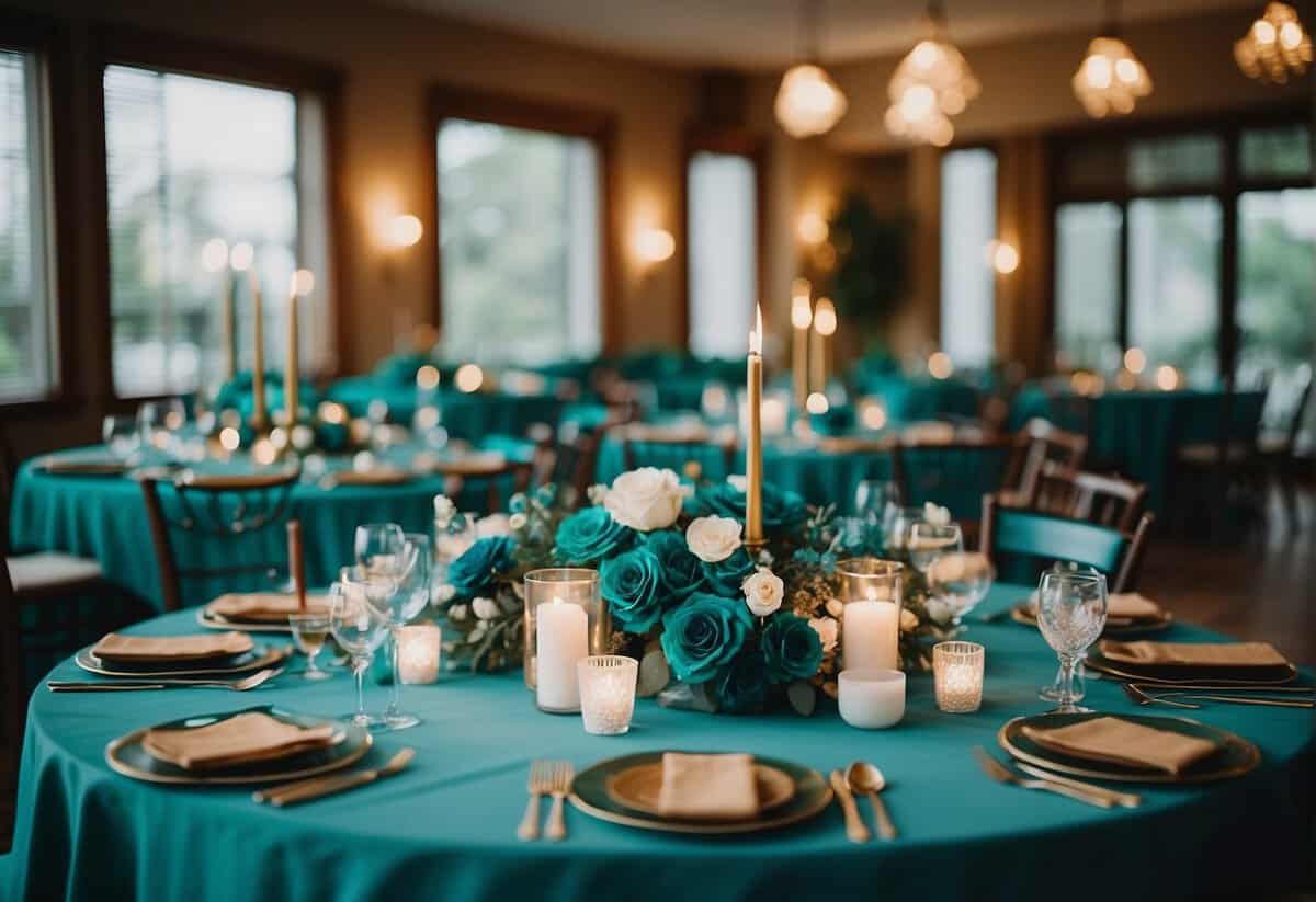 A teal wedding reception with teal tablecloths, floral centerpieces, and teal accents on the cake and place settings