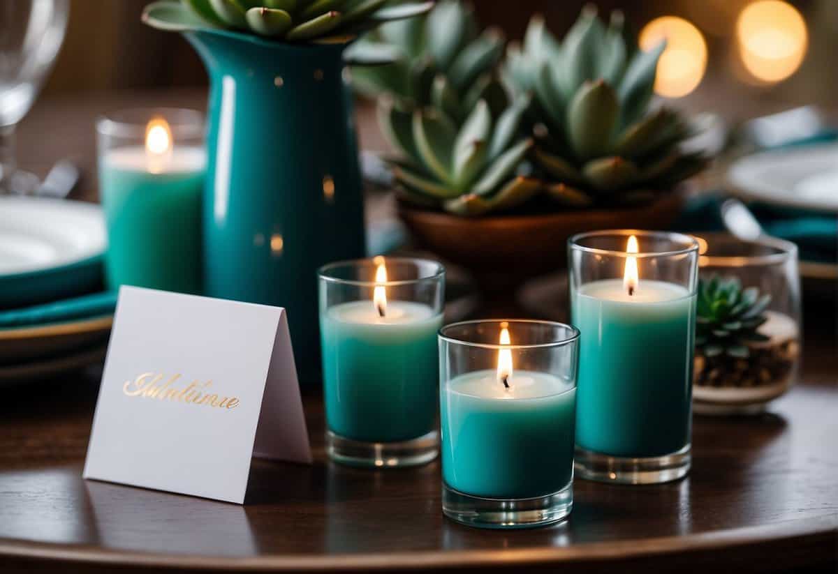 A table adorned with teal wedding favors and extras, including personalized candles, mini succulents, and elegant place cards