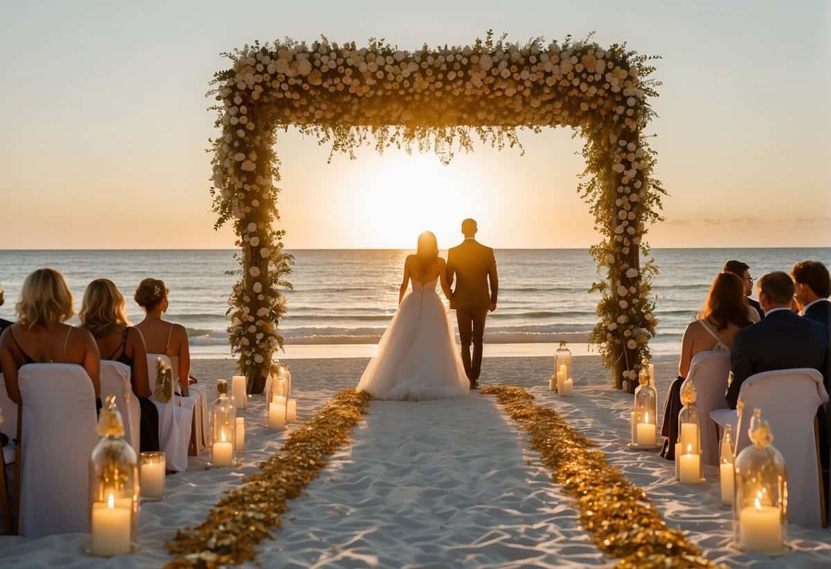 A golden sun setting over a white sand beach, with elegant white and gold decorations adorning a romantic wedding ceremony