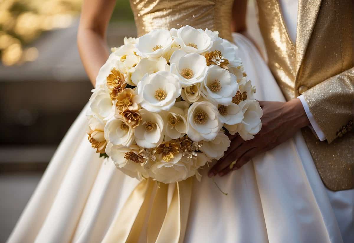 A bride and groom's wedding attire and accessories, featuring gold and white colors, including a flowing white gown, a gold-trimmed tuxedo, gold and white floral bouquets, and elegant gold and white jewelry