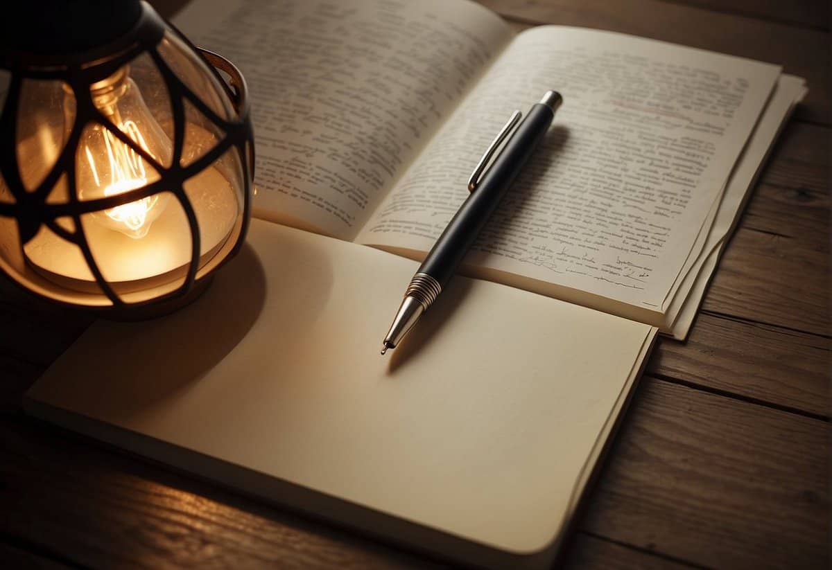 A pen hovers over a blank page, surrounded by scattered notes and a worn notebook. A soft glow from a desk lamp illuminates the thoughtful expression of the writer, as they carefully craft their wedding vows
