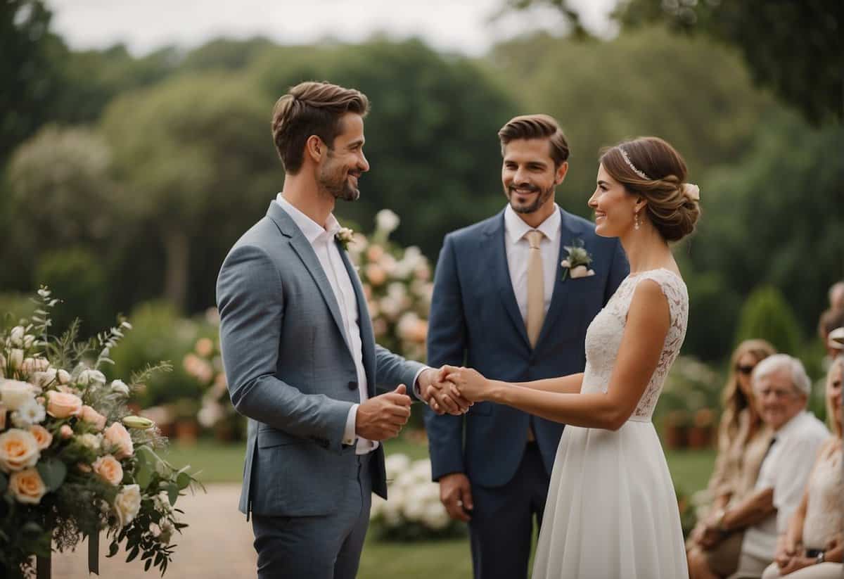 A couple stands facing each other, holding hands, as they recite their wedding vows. They are surrounded by family and friends, with a beautiful backdrop of flowers and decorations