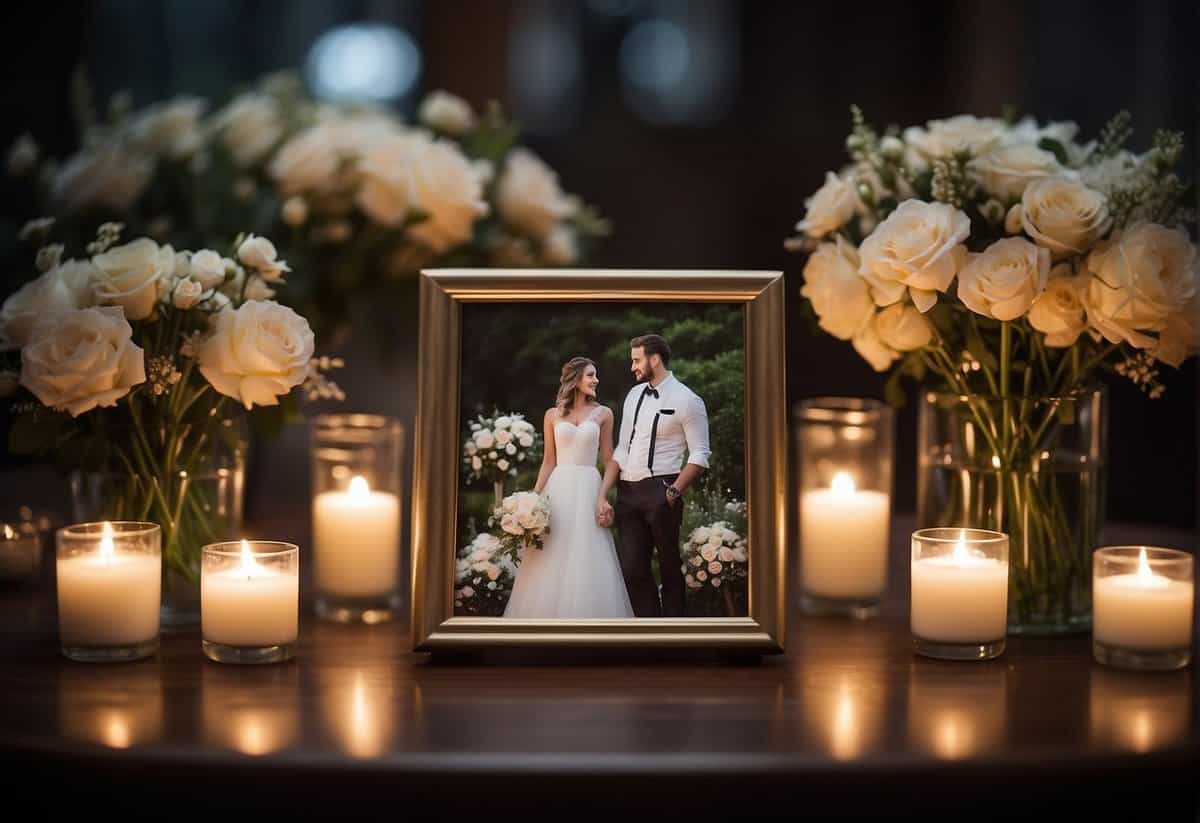 A table with framed wedding photos arranged in a cascading layout, surrounded by soft candlelight and delicate floral arrangements