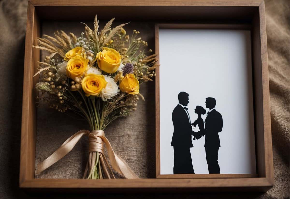 A wedding shadow box filled with dried flowers, invitation, and mementos. A pair of intertwined wedding bands and a photo of the couple