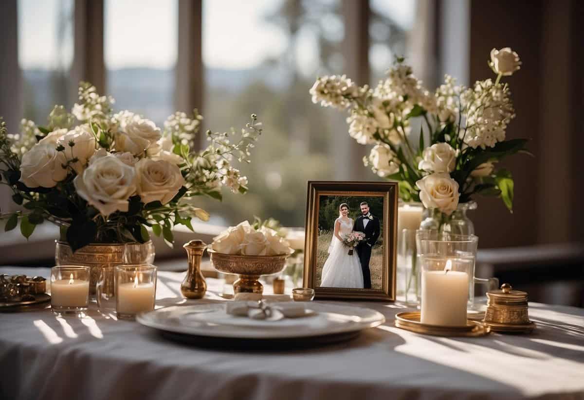 A table with wedding memorabilia laid out: invitation, bouquet, photos, and other keepsakes. A shadow box sits nearby, ready to be filled