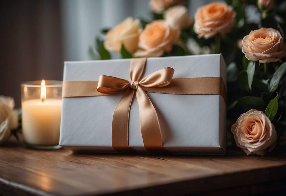 A beautifully wrapped gift box with a ribbon and a personalized card on a table surrounded by flowers and candles