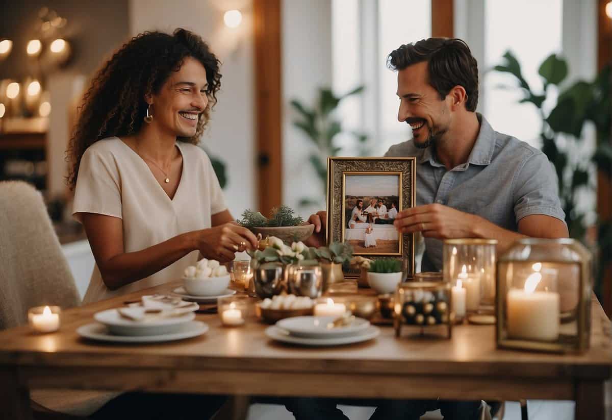 A table with various gift options such as personalized photo frames, custom-made jewelry, and elegant home decor. A happy couple browsing through the items, discussing and laughing together