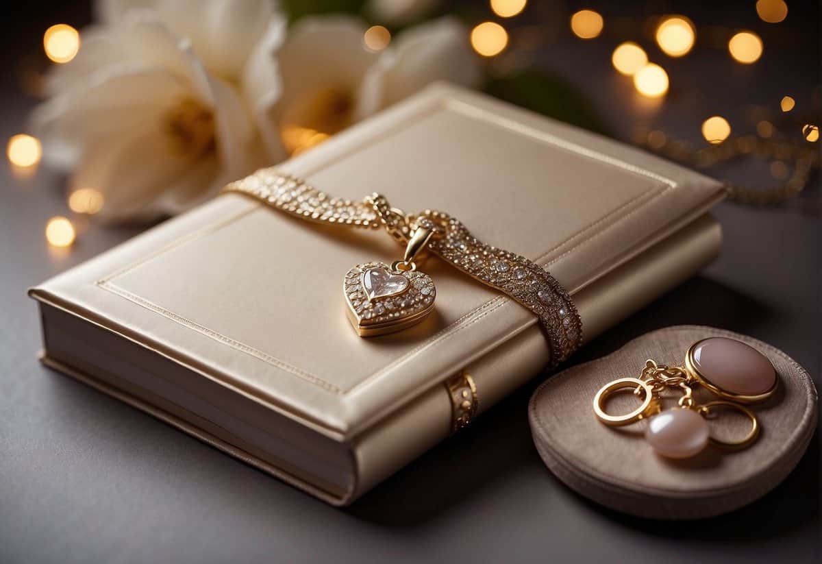 A beautifully wrapped photo album, a personalized love letter, and a delicate piece of jewelry, all arranged on a table with soft lighting and a romantic backdrop