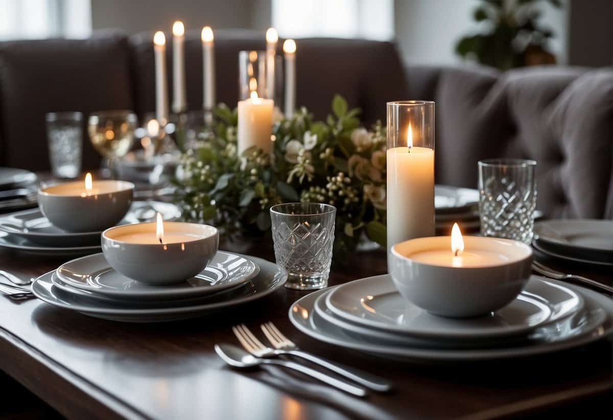 A beautifully set dining table with elegant dinnerware, glassware, and decorative centerpieces. A cozy living room with plush throw pillows, scented candles, and a stylish photo frame
