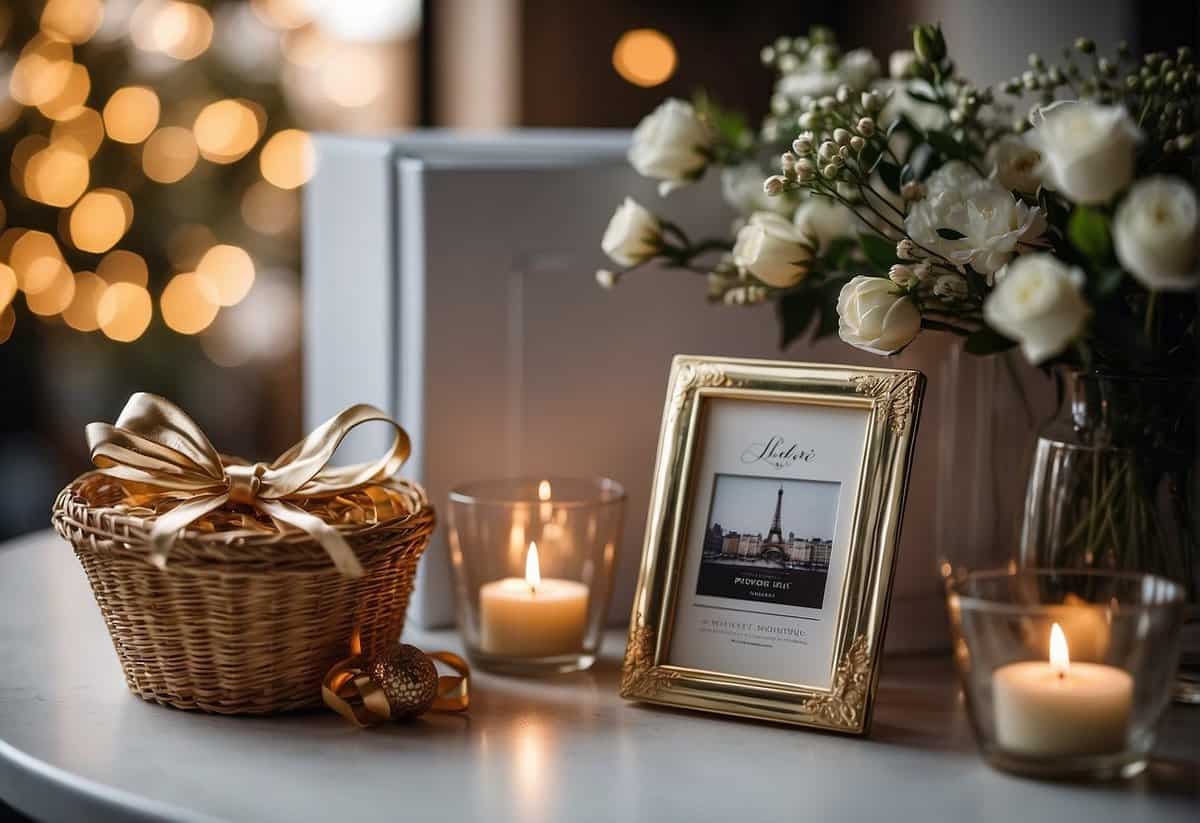 A table with elegant gift options: personalized photo frames, engraved glassware, and a beautifully wrapped gift basket