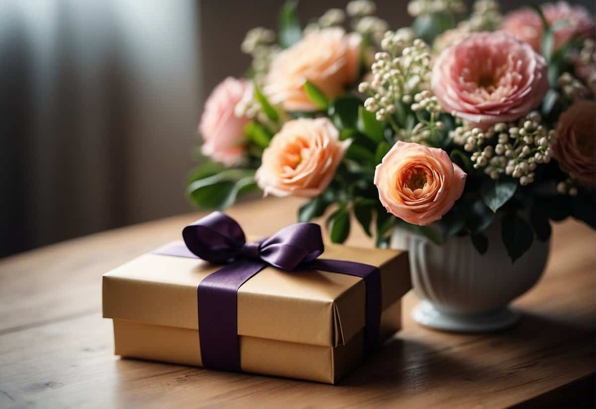 A beautifully wrapped gift box with a ribbon and bow sitting on a table next to a vase of flowers and a card with "Congratulations" written on it