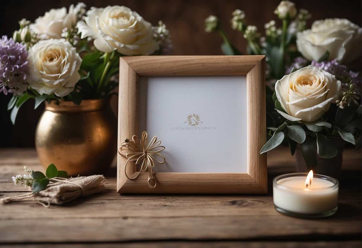 A custom-engraved photo frame sits on a rustic wooden table, surrounded by a bouquet of fresh flowers and a handwritten note