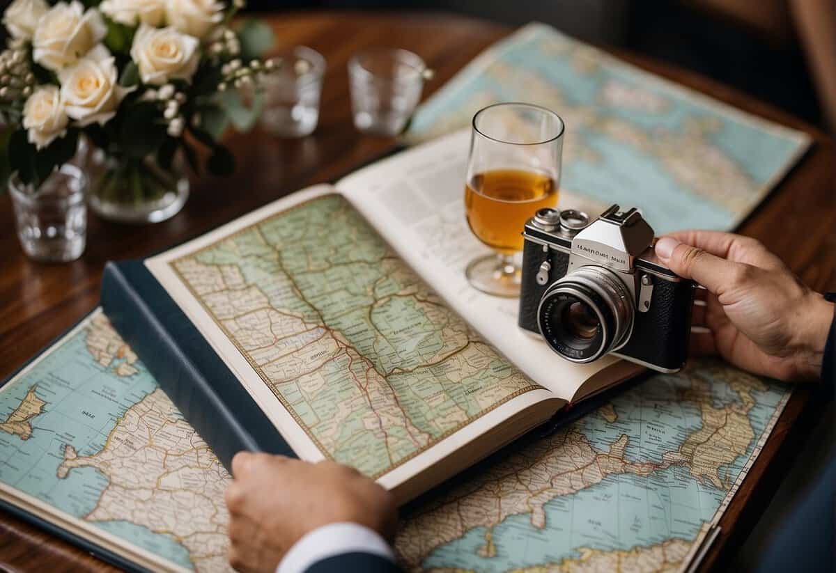 A couple's hands opening a personalized photo album, surrounded by a vintage camera, a map, and a pair of champagne glasses