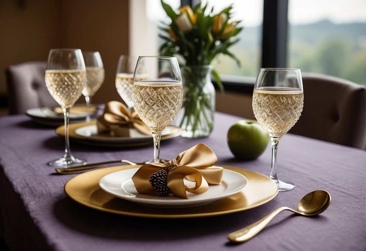 A beautifully set dining table with elegant dinnerware, wine glasses, and a decorative centerpiece. Wrapped gifts with ribbons and a thoughtful card