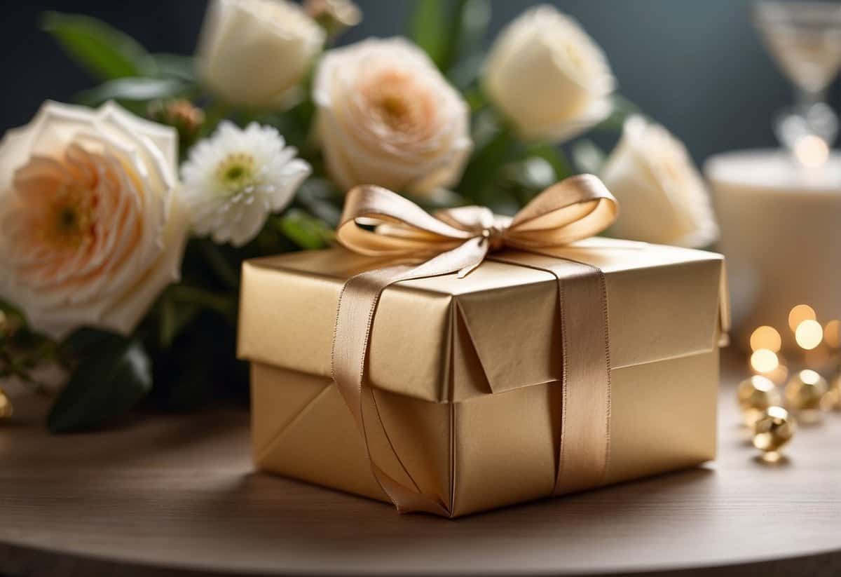 A beautifully wrapped gift box sits on a table, surrounded by elegant decorations and flowers. A card with a thoughtful message is tucked into the ribbon