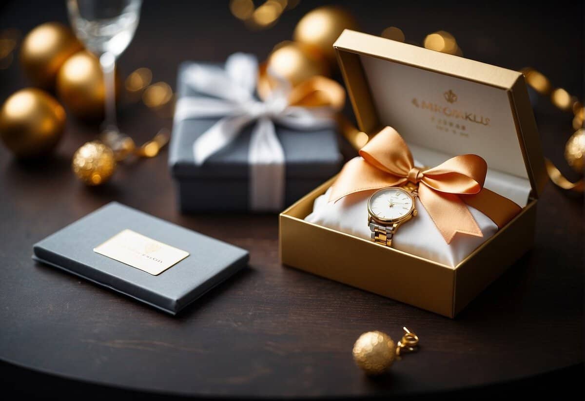 A beautifully wrapped gift box sits on a table, adorned with a ribbon and a personalized tag. Surrounding it are items like cufflinks, a watch, and a framed photo, all potential wedding gift ideas for a husband