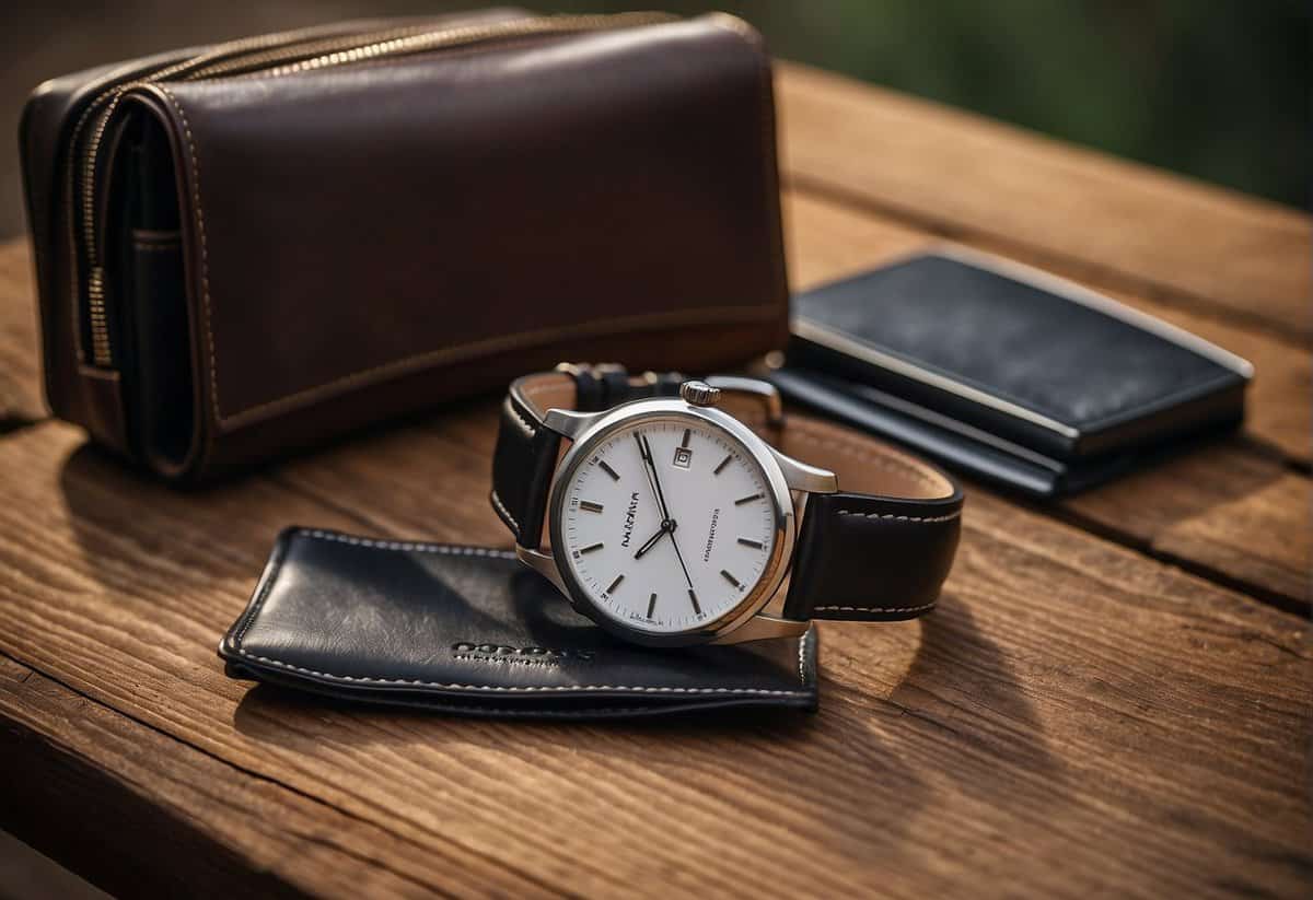 A sleek watch and personalized leather wallet sit on a wooden table, surrounded by rugged outdoor gear and a toolbox
