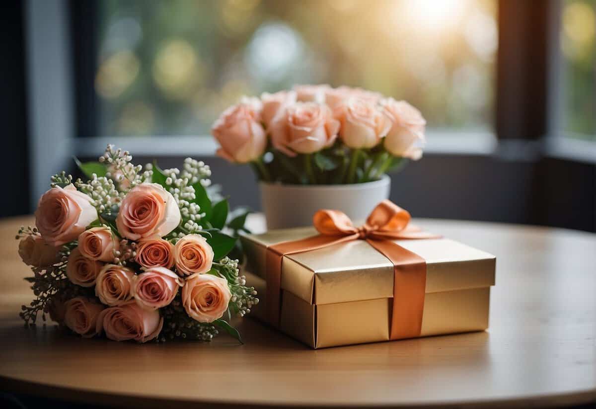 A beautifully wrapped gift box and a bouquet of flowers on a table
