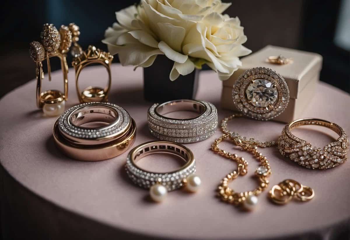 A table adorned with elegant jewelry and fashion accessories, arranged as wedding gifts for a son and daughter-in-law