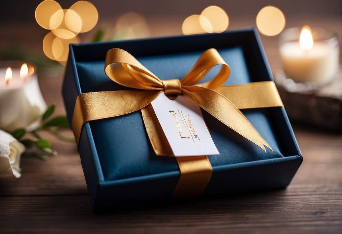 A beautifully wrapped gift box with a ribbon, a personalized wedding photo frame, and a handwritten note expressing love and well wishes