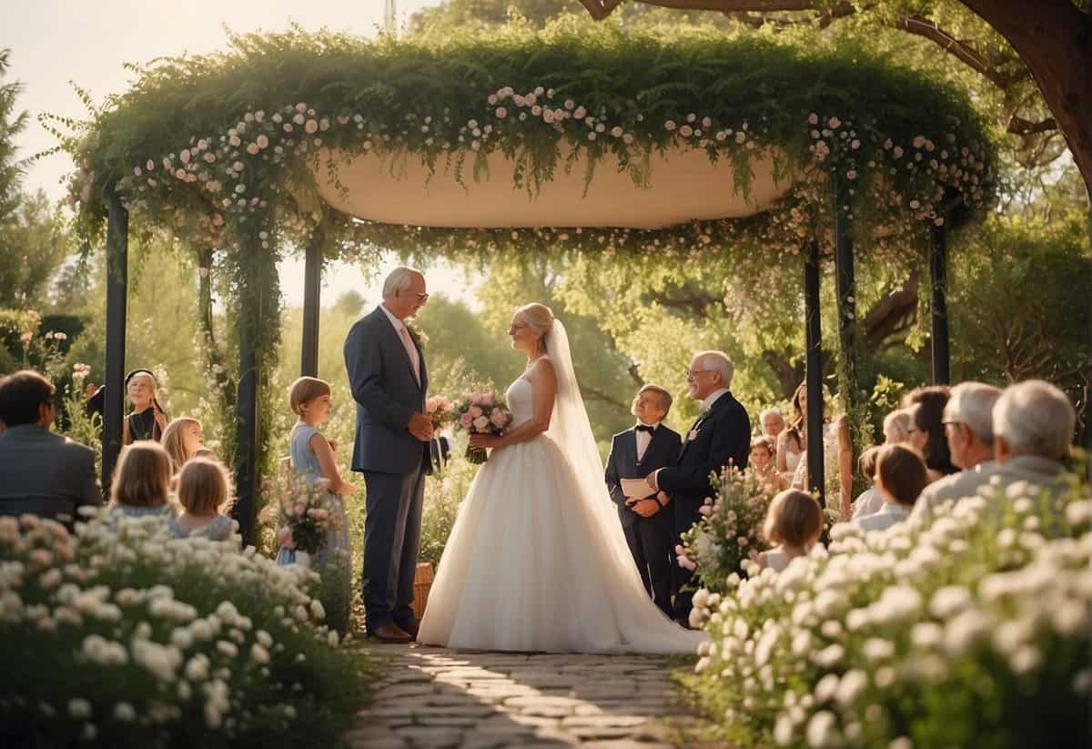 An older couple exchanging vows under a canopy of blooming flowers, surrounded by their children and grandchildren, with a serene garden as the backdrop
